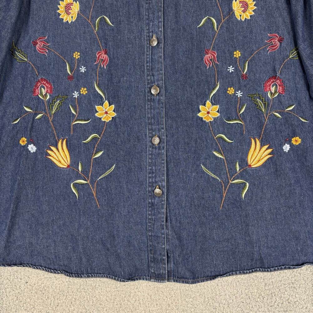VTG Denim Embroidered Top 3X Floral Cottage Prairie Teacher 100% Cotton Natural - Picture 3 of 12